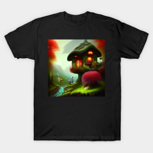 Sparkling Fantasy Cottage with Lights and Glitter Background in Forest, Scenery Nature T-Shirt